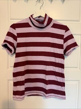 Maeve Striped Short Sleeve Turtleneck Tee - Burgundy & Lavender